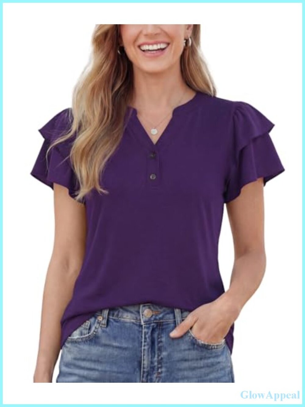 Women's Ruffle Short Sleeve Blouse Henley Button Front Loose Fit Summer Top